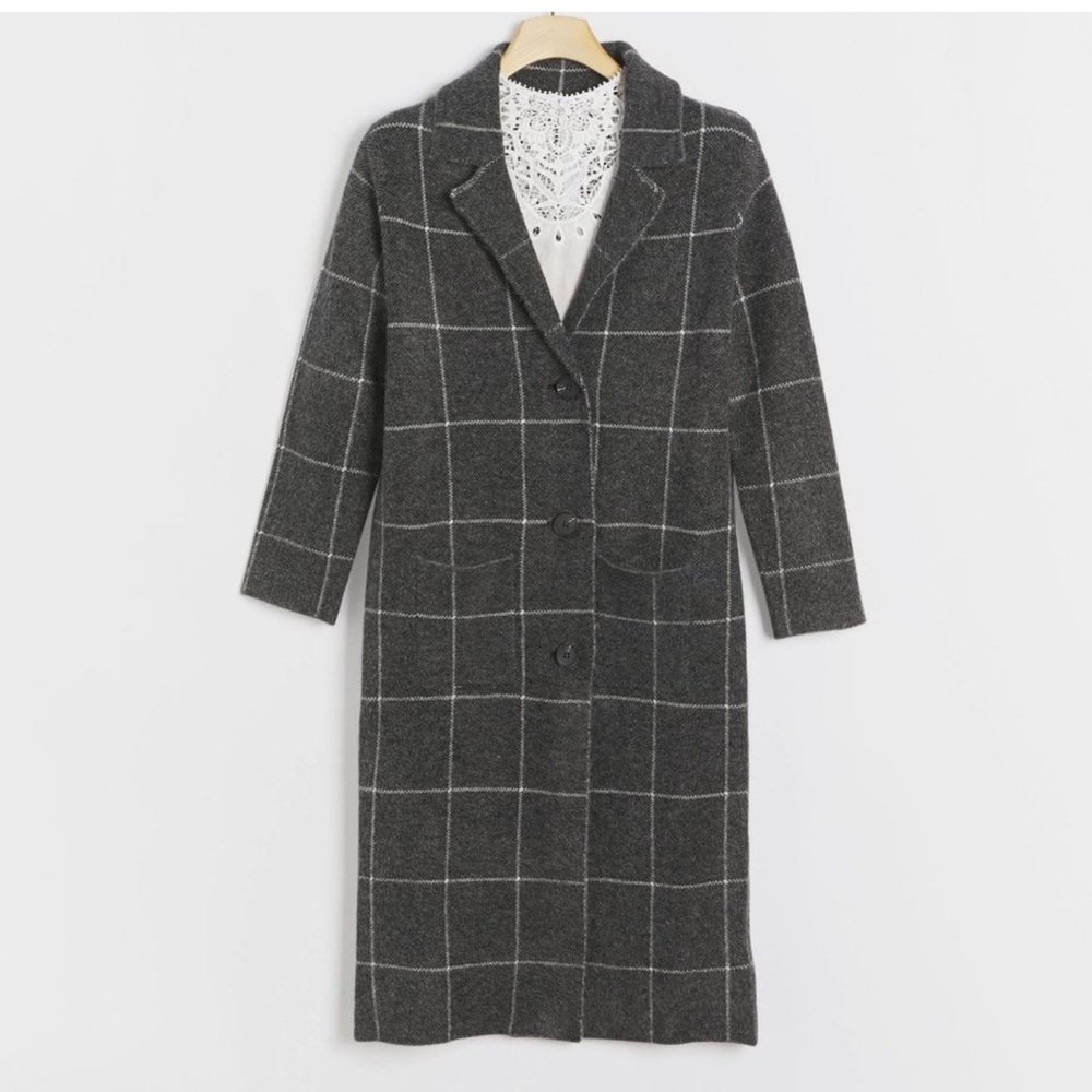 ANTHROPOLOGIE Solenne Windowpane Sweater Jacket Long Cardigan Size XS Gray